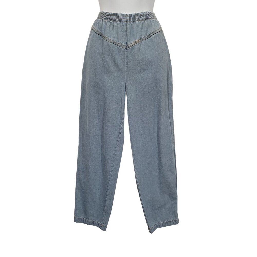Vintage Mom Jeans 10 Womens Blue Denim Elastic Waist HIgh Rise Pull On Pockets L